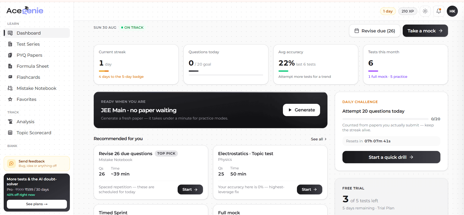 Your daily dashboard — The dashboard, with today's plan and recommendations