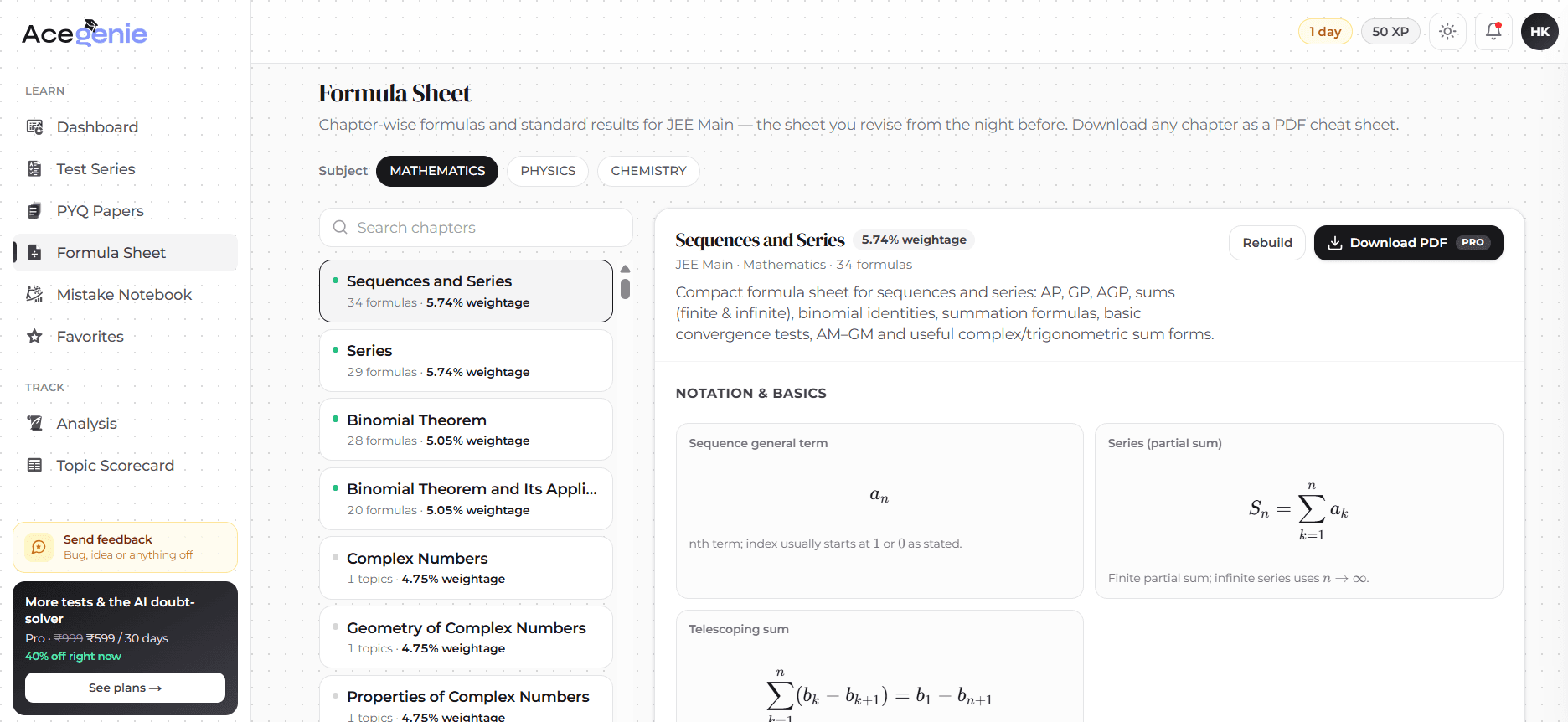 Formula sheets — A chapter formula sheet