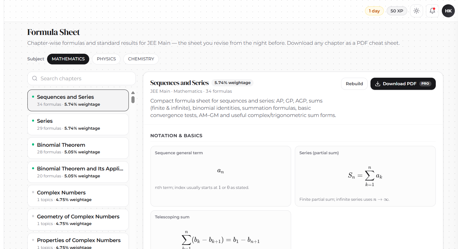 Formula Sheet screenshot